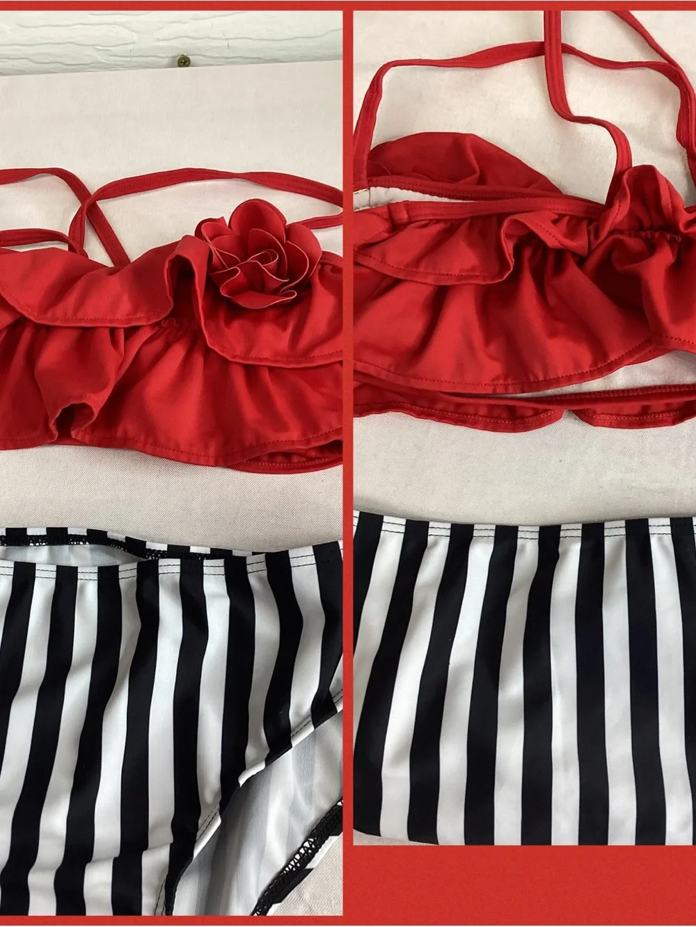 Kids Red Ruffle Bikini Top and Black-White Striped Bottom Set